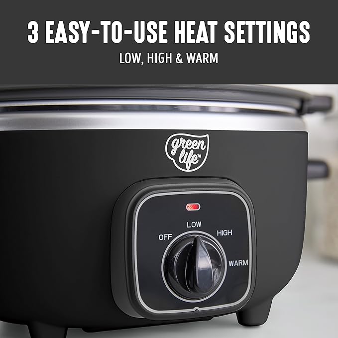 GreenLife 3.5QT Slow Cooker, PFAS-Free Non-Toxic Ceramic Nonstick Removable Interior Bowl, Programmable, Keep Warm, Stovetop & Oven Safe Pot, Dishwasher Safe Crock & Glass Lid, Black