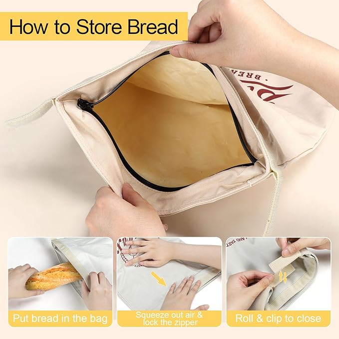 2 Pack Beeswax Bread Bags for Homemade Bread, Large Linen Reusable Bags with Zipper Eco-Friendly Food Storage for Sourdough, Sandwich, Baguette