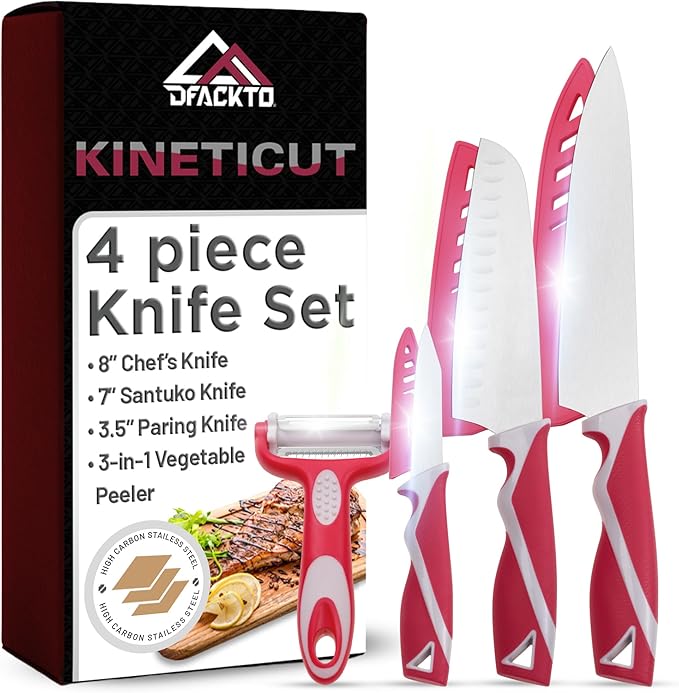 DFACKTO 4-Piece Kitchen Knife Set with Vegetable Peeler without Block – Stainless Steel Knives for Kitchen, Dishwasher Safe Cooking Knife Set with Covers, Sharp Cutting Knives for Cooking – Magenta