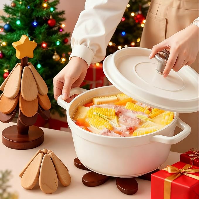 Wooden Trivets for Hot Dishes, Christmas Tree Shape Trivet Set of 4 for Hot Pot Pans, Wood Coasters for Kitchen Counter Decor, Hot Dish, Pot, Bowl, Teapot(Walnut Wood)