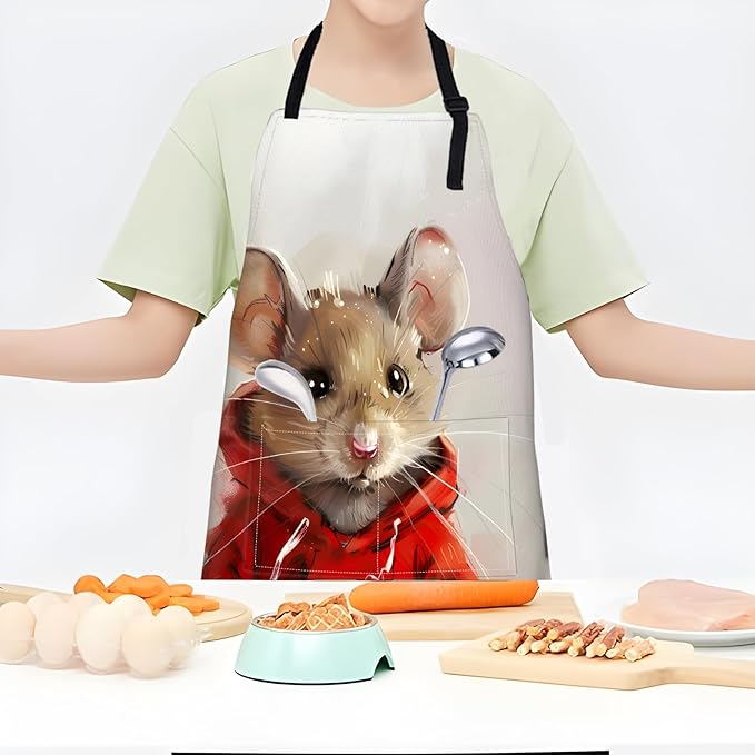Adorable Rat Apron,Adjustable Waterproof Oxford Fabric Kitchen Apron with 2 Pockets for Men and Women, Cooking, Baking, BBQ, Coffee Shop, Housewarming Gifts, 28x33 Inches