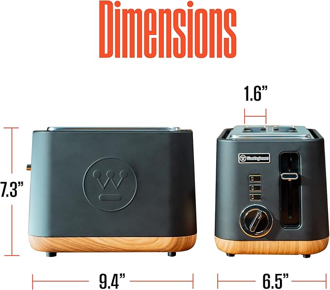 Westinghouse Scandinavian Design Toaster with Wide Slots, Removable Crumb Tray, 6 Browning Levels, and Cancel/Reheat/Defrost Options - for Bread, Bagels, & Waffles - Black with Wood Finish, 2-Slice