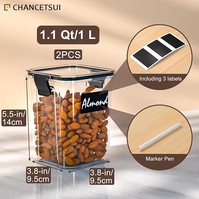 CHANCETSUI Small Airtight Food Storage Containers with Lids: Kitchen Pantry Organization for Dry Baking Ingredients BPA Free Clear Plastic 2-Piece Canister Set, 1.1 qt /1 L