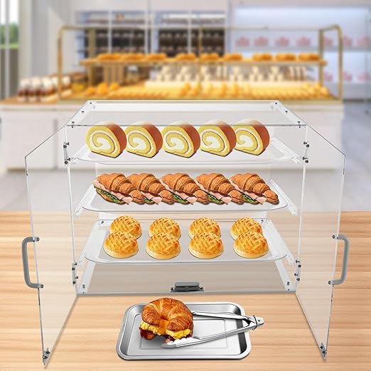 Commercial Bakery Pastry Display Case, 3-Tier Large Cookie Display Stand with Magnetic Door Lock, Adjustable Bread Box for Bakery, Coffee Shop, Snack Store