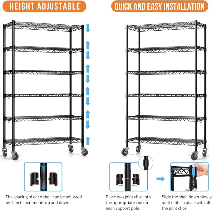 2300LBS Wire Shelving Unit, 36"W x 14"D x 75"H Metal Standing Shelf Units with Wheels / Leveling Feet, 6 Tier, Adjustable, Heavy Duty, and NSF Storage Shelves, Rolling Metal Shelving Wire Rack