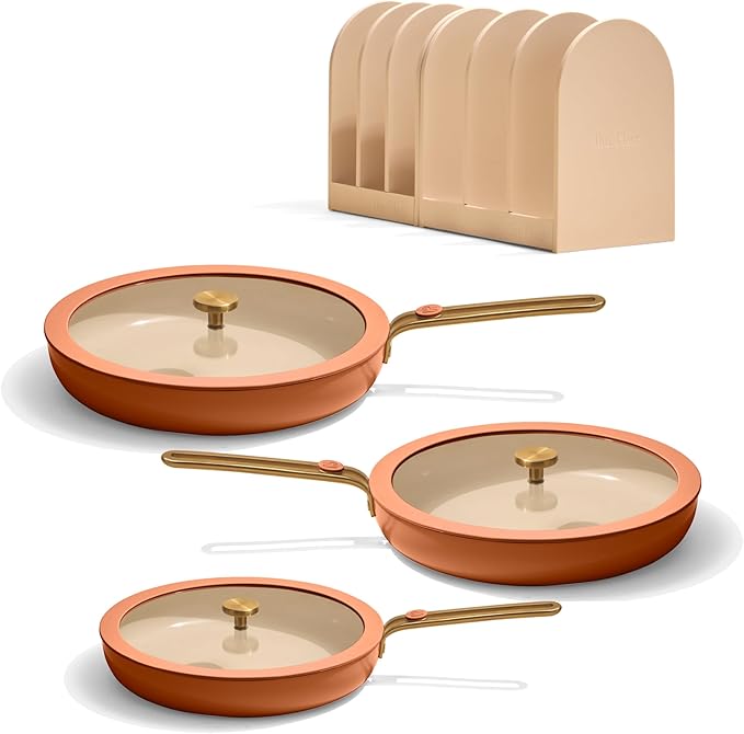 Our Place 8-Piece Essentials Complete Cookware Set - Ceramic Fry Pan Trio & Modular Rack Storage | Nontoxic Thermakind™ Nonstick, Oven Safe up to 450°F & Compatible with All Cooktops | Terracotta