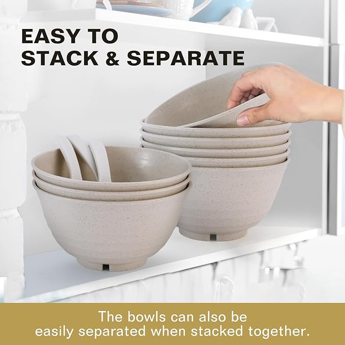 34 Oz Large Cereal Bowls, Unbreakable Lightweight Plastic Soup Wheat Straw Bowls Set of 8 Reusable, Microwave Dishwasher Safe BPA-Free for Snack Salad Kitchen Camping, Beige