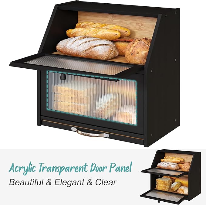 Extra Large Bread Box with Cutting Board Bamboo Wood Bread Box for Kitchen Counter, Double Layer Large Capacity Bread Storage Bin with Acrylic Wavy Door Panel (Black)