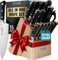 Cutluxe 15-Piece Knife Set – Premium Rubberwood Wood Block – Knife Set for Kitchen, Ultra Sharp High Carbon German Stainless Steel, Full Tang – Artisan Series
