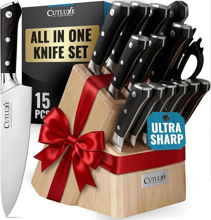 Cutluxe 15-Piece Knife Set – Premium Rubberwood Wood Block – Knife Set for Kitchen, Ultra Sharp High Carbon German Stainless Steel, Full Tang – Artisan Series