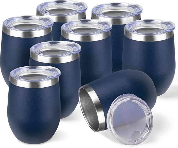 StarSpeed 12oz/8 Pack Wine Tumbler with lid, Stainless Steel Travel Mugs Stemless Double Wall Insulated Coffee Cup, Insulated Wine Glasses Travel Tumbler for Cold & Hot Drinks(Navy Blue, 8)