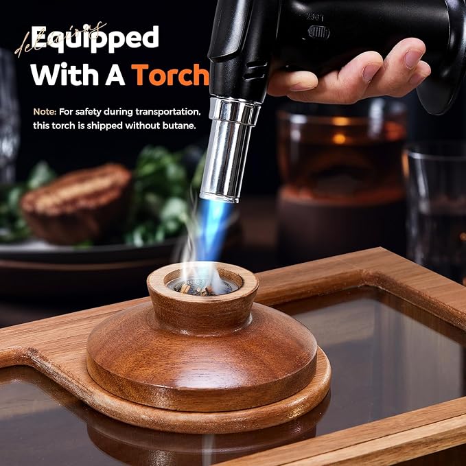 Cocktail Smoker Kit, Whiskey Smoker Kit with Torch, Smoking Box, Food Tray and Wood Chips, Old Fashioned Bourbon Smoker Kit, Christmas Gifts for Men(No Butane)