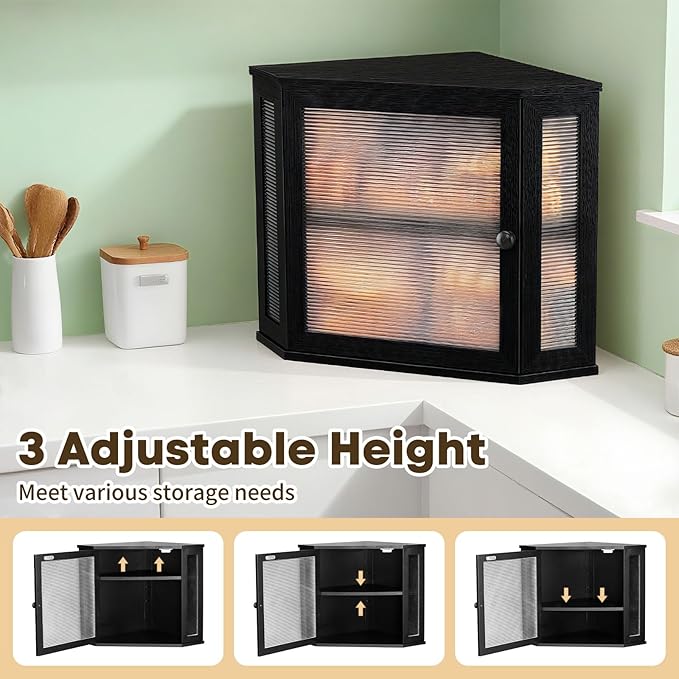 Corner Bread Box for Kitchen Countertop - Bamboo Large Capacity Bread Storage Bin with Acrylic Wavy Door Panel,Bread Box Under Cabinet (Black,Medium)