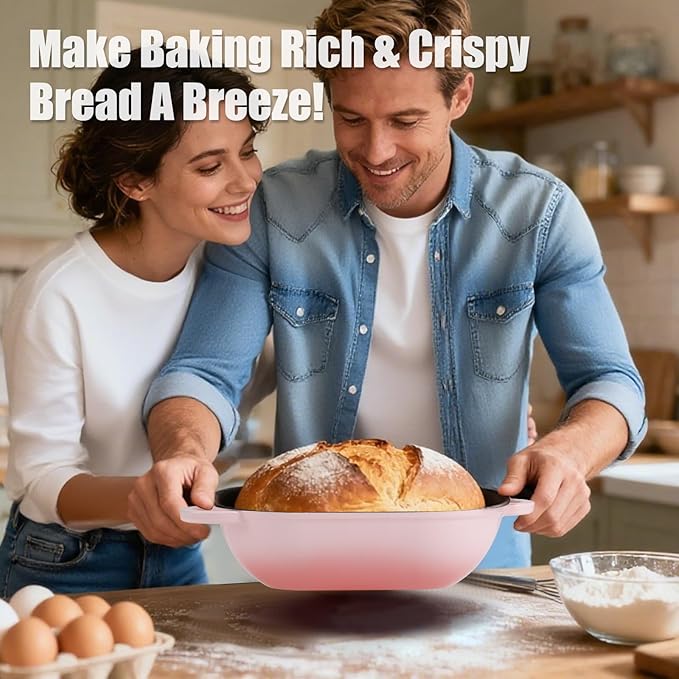 Enameled Cast Iron Sourdough Bread Oven, 5QT Loaf Cast Iron Bread Pan with Lid, Oval Dutch Oven for Homemade Bread Baking (Gradient Pink)