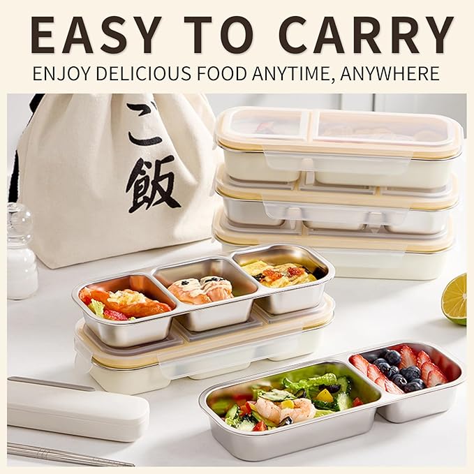 Bento Box Adult Lunch Box with 3 Grids 700ml, Portion Control Food Storage Containers for Healthy Eating Weight Loss, Travel, Work (2pcs)