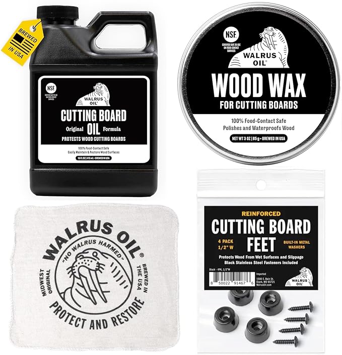 WALRUS OIL - Cutting Board Conditioner, Wood Wax, Cutting Board Feet, and Rag Set. for Cutting Boards, Butcher Blocks, Wooden Spoons, and Bowls. 100% Food-Contact Safe.