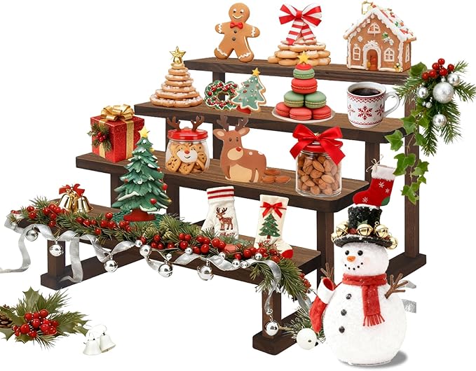 4 Tier Wooden Display Riser Stand, Cupcake Display Shelf Tabletop Spice Rack for Party, Kitchen, Perfume, Fragrance, Vendors event
