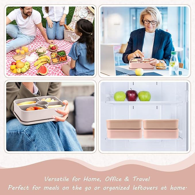 4 Pack Silicone Bento Boxes for Adults, 5 Compartment Reusable Lunch Containers with Sauce Section, Leakproof Meal Prep Snack Box Microwave & Dishwasher Safe for Work School Office(Light Color)