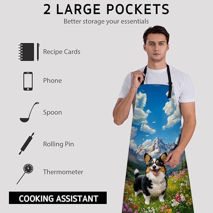 Cheerful Corgi Apron, Kitchen Cooking Baking Adjustable Polyester Cute Puppy Dog Aprons for Women Men, with 2 Pockets, 28×33in, Ideal Gifts for Wife, for Chef Gardening Grilling Cleaning
