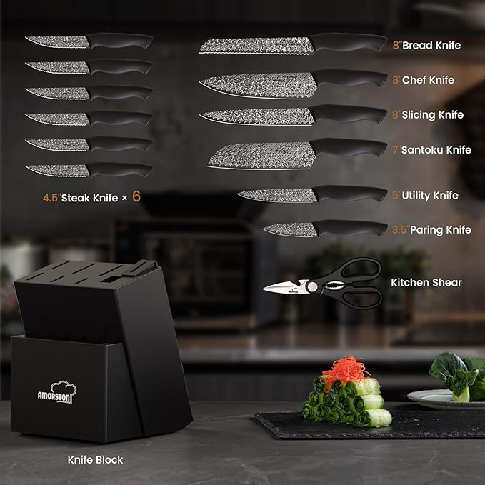 Knife Set, Amorston 15 Pieces Kitchen Knife Set with Built in Knife Sharpener, High Carbon German Stainless Steel Knife Block Set, Dishwasher Safe Knives Set, Black