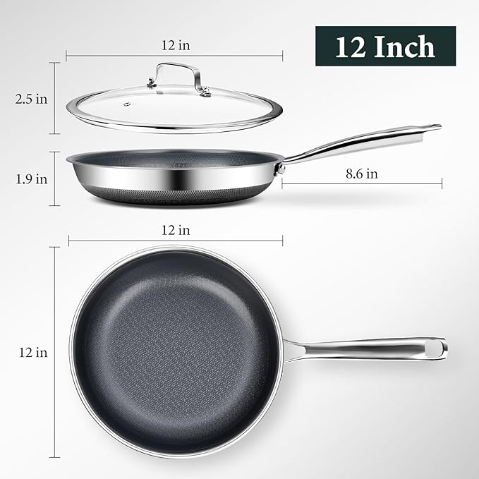 Non Stick 12-Inch Pan, Titanium Hybrid Pan with Lid, Stay-Cool Handle, Professional Frying Pan, Dishwasher Friendly, Oven Safe, Compatible with All Cooktop