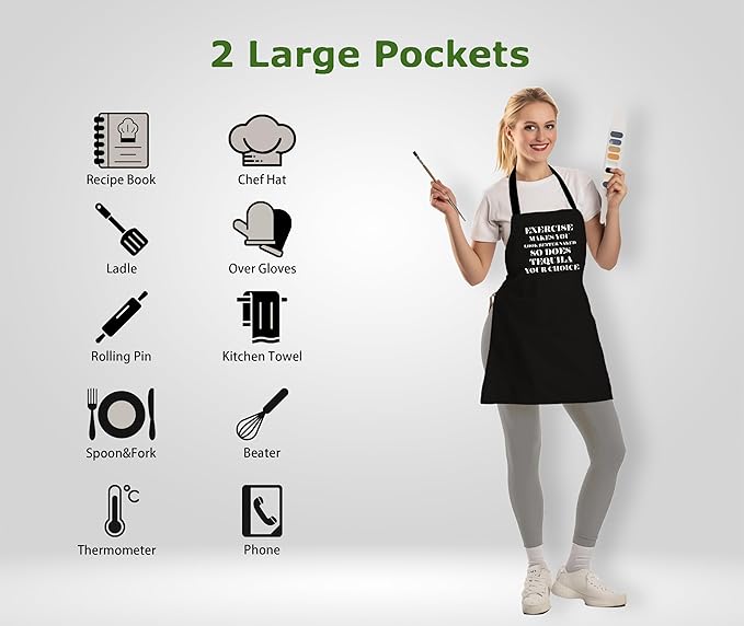 Funny Bar Aprons for Women Men with 2 Pockets - Waterproof Adjustable Bib Apron for Cooking Kitchen, Exercise Makes You Look Better Naked so Does Tequila Your Choice, Black