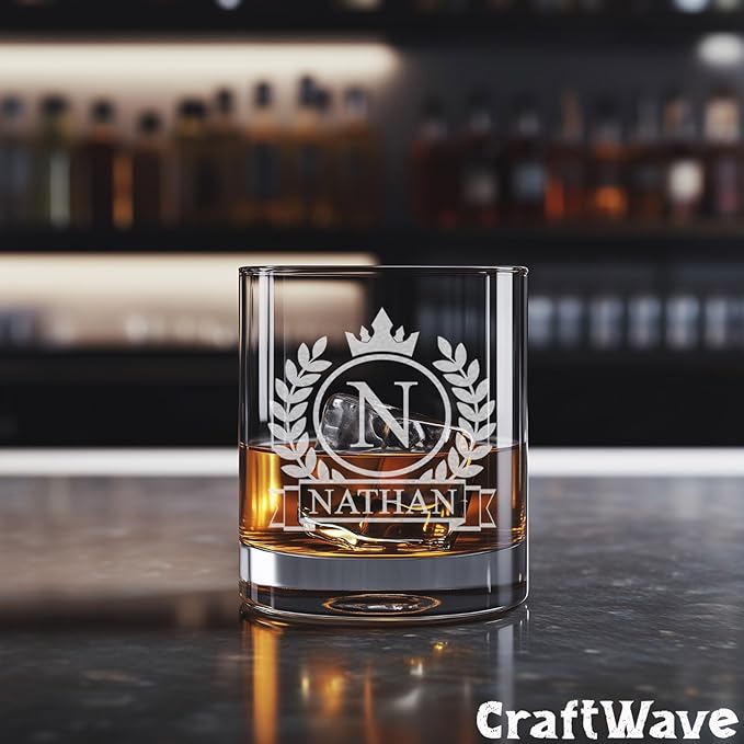 Personalized Whiskey Glass for Men, Custom Engraved Name & Initial Rocks Glasses, 11oz, Barware for Men, Father’s Day Gifts - Set of 4