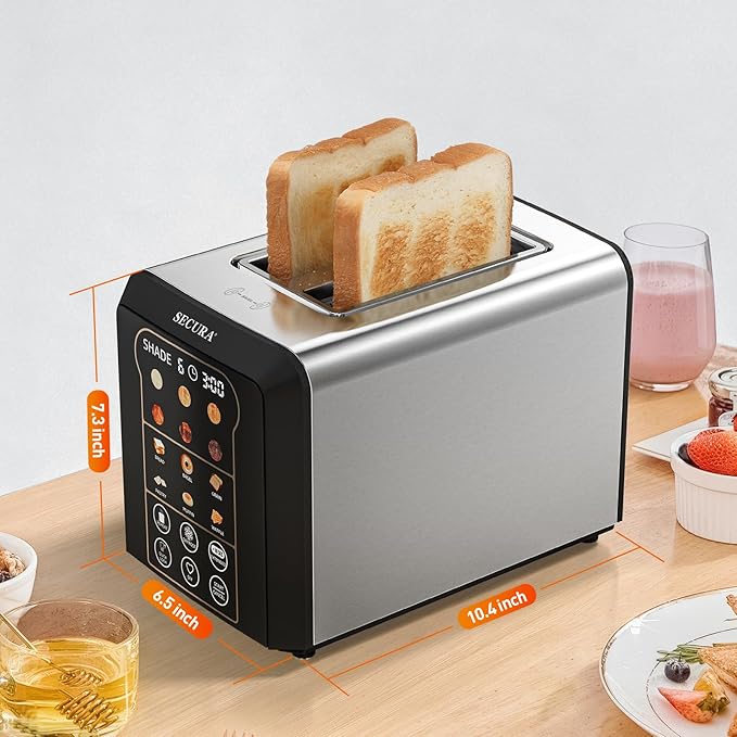 Secura 2 Slice Automatic Toaster Touch Screen Smart Toaster with Digital Timer 6 Bread Type & 6 Browning Levels, Reheat, Deforst, +10s Extended Customizable Memory Settings Great for Home, RV, Office