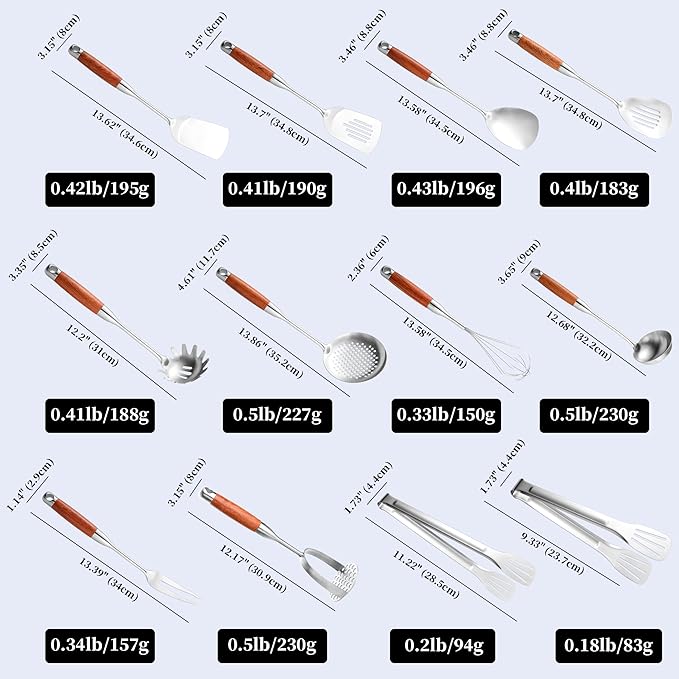 Kitchen Utensils Set Stainless Steel with Wooden Handle,Metal Cooking Utensils Set 12 PCS,Spatulas,Ladle,Skimmer,Tunners,Spaghetti Spoon,Fork,Potato Masher,Egg Whisk,Tongs