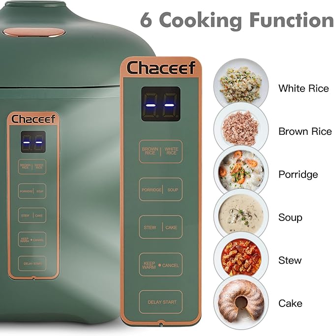 CHACEEF Mini Rice Cooker 2 Cups Uncooked, 1.2L Rice Cooker Small, Portable Non-Stick Small Travel Rice Maker, BPA Free, Smart Control Multifunction Cooker with 24 Hours Timer Delay & Keep Warm Function, Green