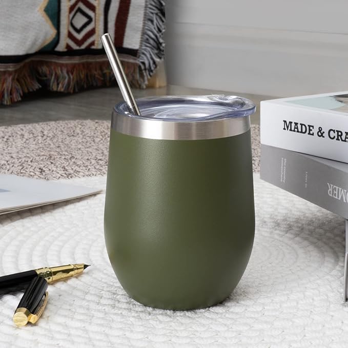 12 oz Insulated Wine Tumbler with Lid and Straw,Stainless Steel Stemless Wine Tumbler Glasses Double Wall Vacuum Wine Cups Tumbler for Coffee,Cocktail,Office（Navy Green,1）