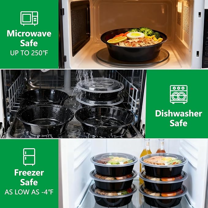 Meal Prep Containers Reusable 10 Pack-28 oz Food Storage Containers with Lids To Go Food Containers Takeout, Microwave Dishwasher Freezer Safe, Stackable, BPA Free, Plastic (Black)