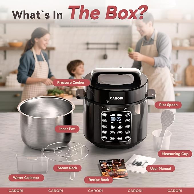9-in-1 Electric Pressure Cooker 6 Qt, Stainless Steel Inner Pot, Programmable 12 Multi-Function Cooker with Safe Vent Design, Rice Cook, Slow Cook, Sauté, Warmer & Sterilizer, Black