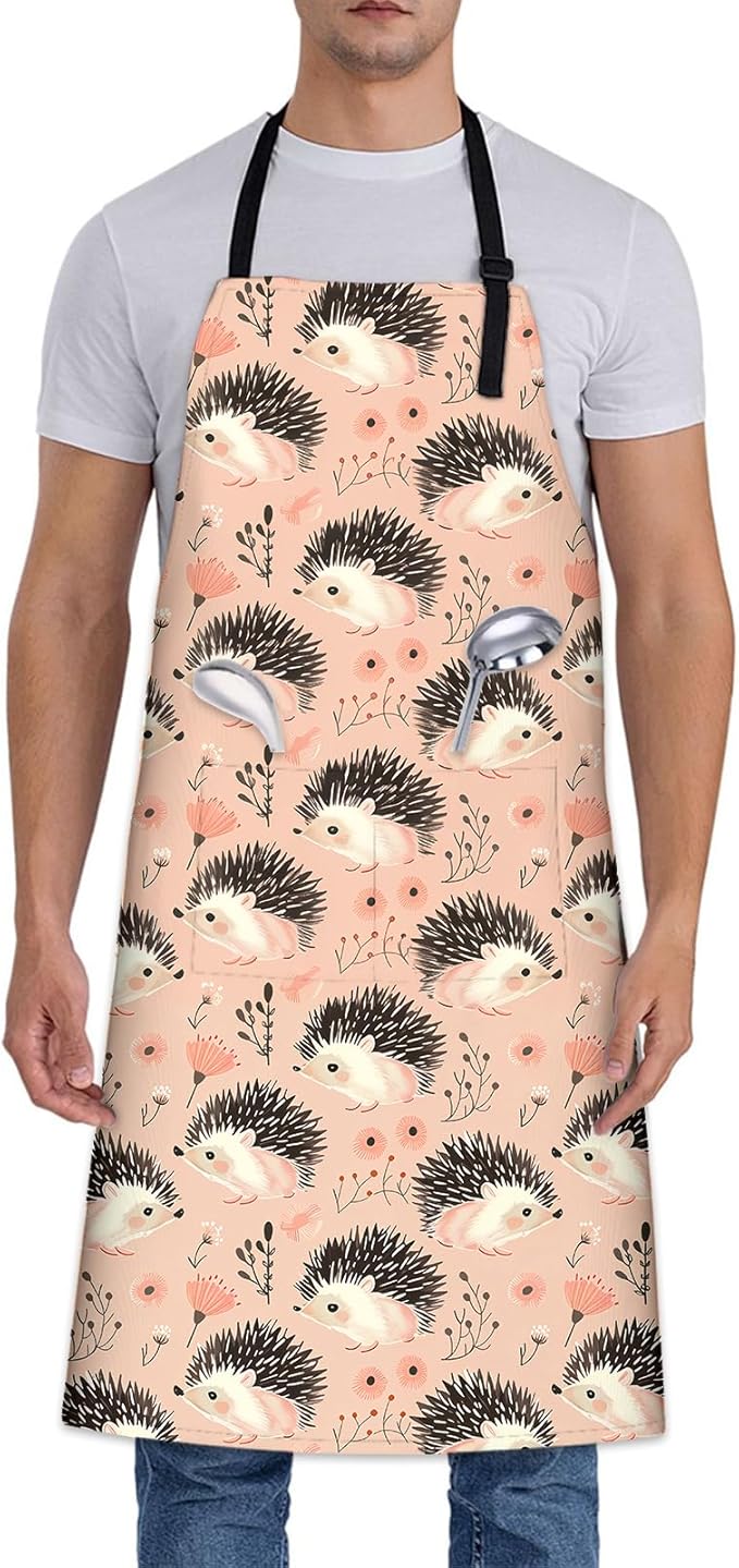 Cute Hedgehog Apron, Adjustable Kitchen Adorable Woodland Design & Floral Aprons with Pockets for Cooking BBQ Gardening, 28×33 IN, Holiday Gifts for Women Wife, for Chef Baking, Oxford Fabric
