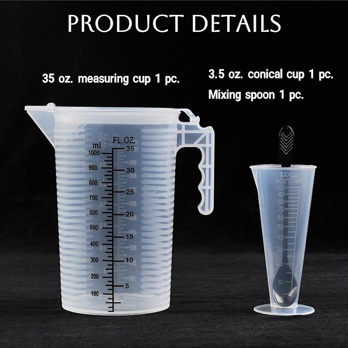 Measuring cups 35oz (1000 mL), Plastic, Multipurpose - Great for Chemicals, Oil, Pool and Gardening - Ounce (oz) and Milliliter (mL) Increments (1Set)