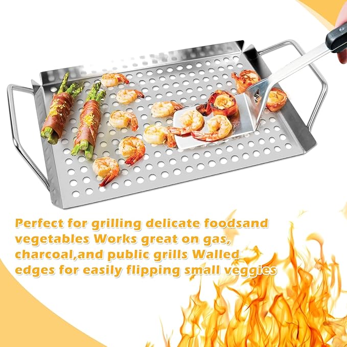 11 x 7 Inch Nonstick Grill Tray with Handles,Perforated Stainless Steel Grill Pans for Outdoor Grill,Heavy Duty Grilling Accessories for Charcoal Gas Grills,Easy to Use and Clean
