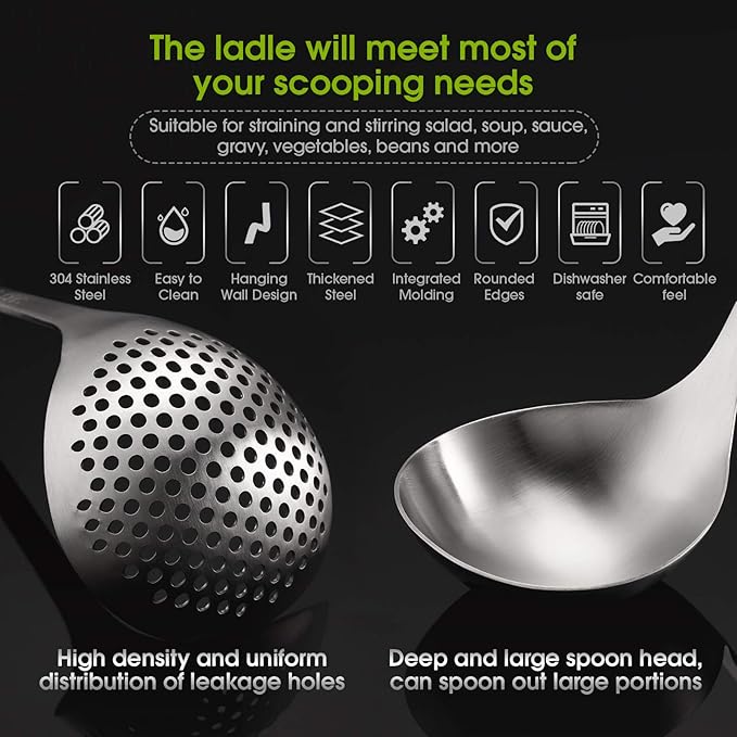 Patelai Hot Pot Slotted Ladle Set Stainless Steel Soup Ladle Strainer Scoops Cooking Skimmer Cookware Utensil for Hotpot Scooping Sauce Serving, 12 Inch(2 Pcs,Silver)