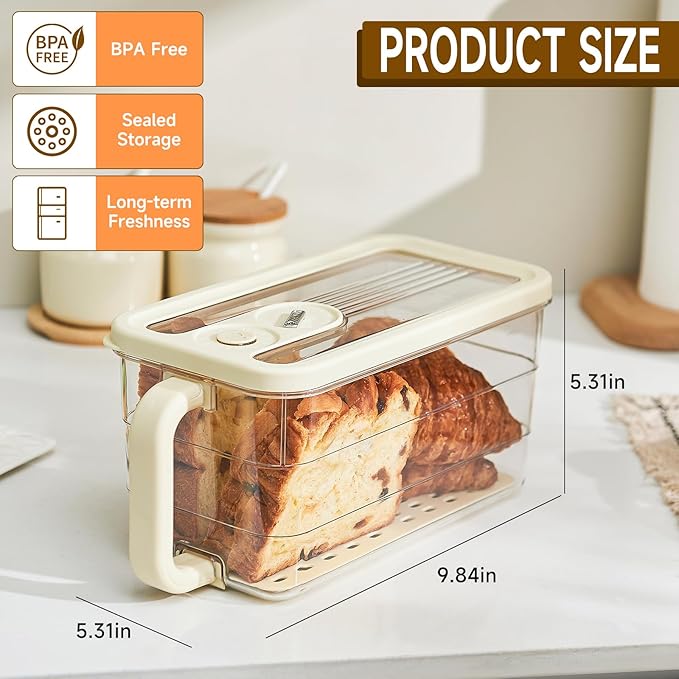 Bread Box for Kitchen Counter | Bread Storage Container with Lid - Detachable Handle & Time Recording - Desserts Keeper for Homemade Bread, Toast, Bagel, Donut and Cookies