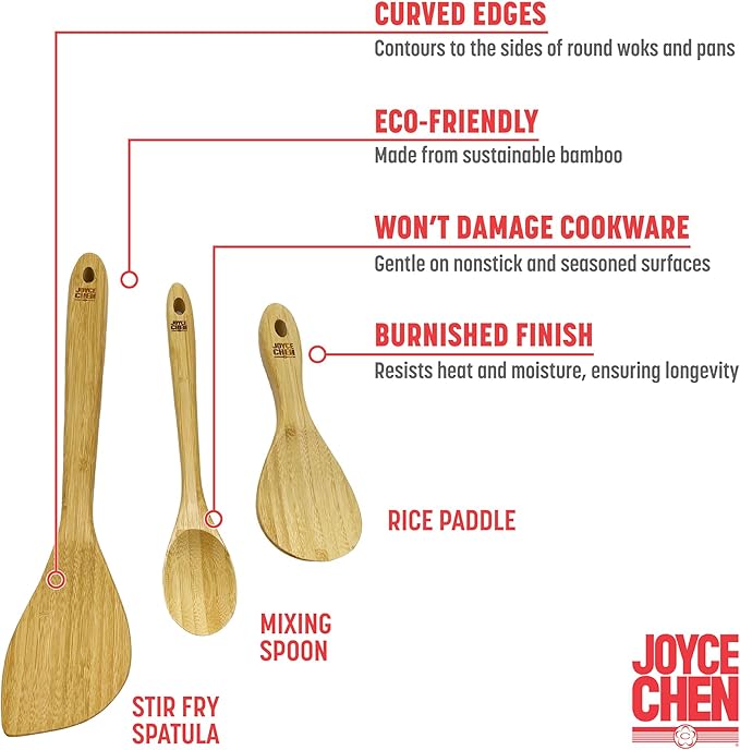Joyce Chen Burnished Bamboo Wok Utensils, 3-Piece Stir Fry Set
