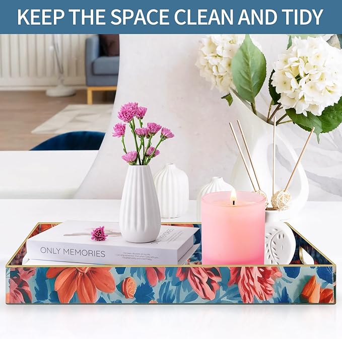 Boho Sturdy Acrylic Serving Tray with Handles,Rectangular Tray for Coffee Table,Food,Breakfast-Kitchen Countertop Tray,Ottoman Tray for Living Room,Plastic Decorative Tray (ART4, 30x40)