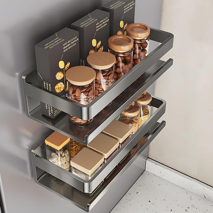 4 Pack Kitchen top of fridge Storage Organizer, Include Magnetic Spice Rack for Refrigerator, Paper Towel Holder, Kitchen Utensil Hanger and Hooks, seasoning rack Shelves