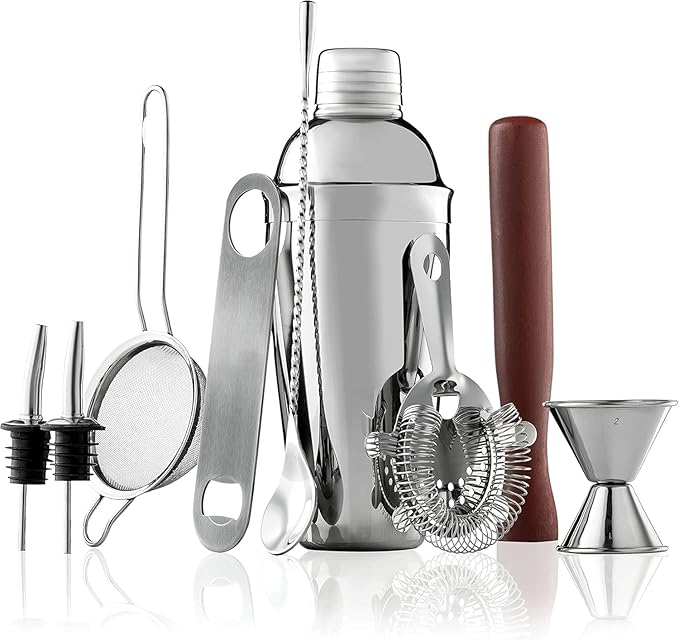 Bartender Kit & Cocktail Shaker – 10-Piece Stainless Steel Drink Mixer Set with Jigger, Strainer, Muddler & Bar Spoon, Travel Bag Included – Essential Home Bar Accessories