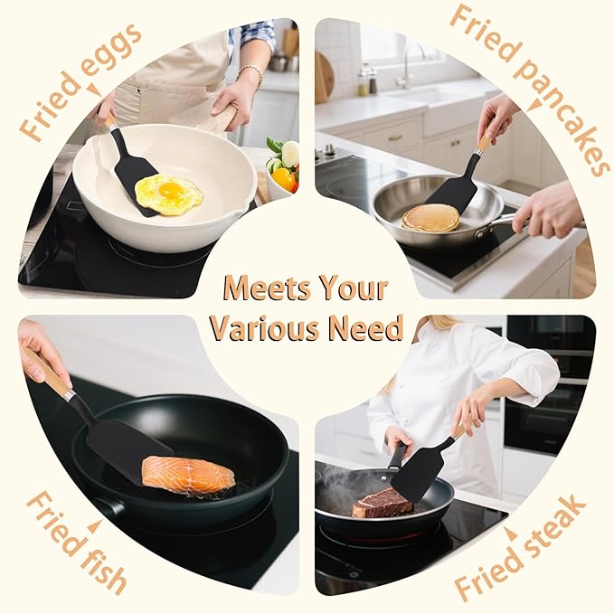 Silicone Spatula Turner, Heat Resistant Pancake Flipper Spatulas for Nonstick Cookware, Cooking Utensils with Wood Handle for Serving, Baking, Frying, Egg, Fish and Burger (1, Black)