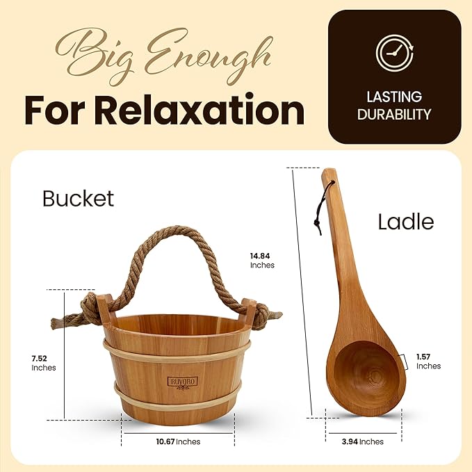 Sauna Bucket and Ladle Set – Handcrafted from Canadian Red Cedar Wood – 1 Gallon (4Liters) Water Capacity – Leakproof Liner – Natural Rope Handle - Luxury Sauna Accessories Set