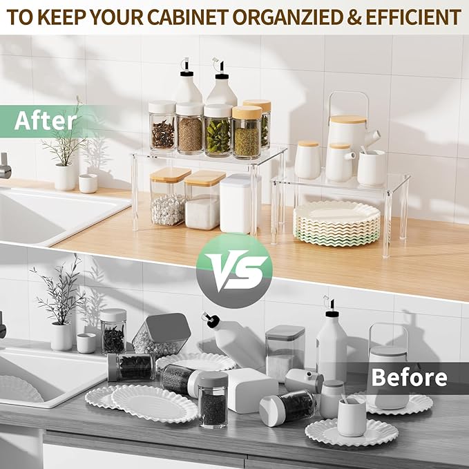 2Pack Acrylic Cabinet Organizer, Clear Cabinet Organizer Shelf, Spice Rack Organizer for Cabinet for Dishes, Spices, Soda Cans and Bottles, Stackable Shelves House Essentials for Gift