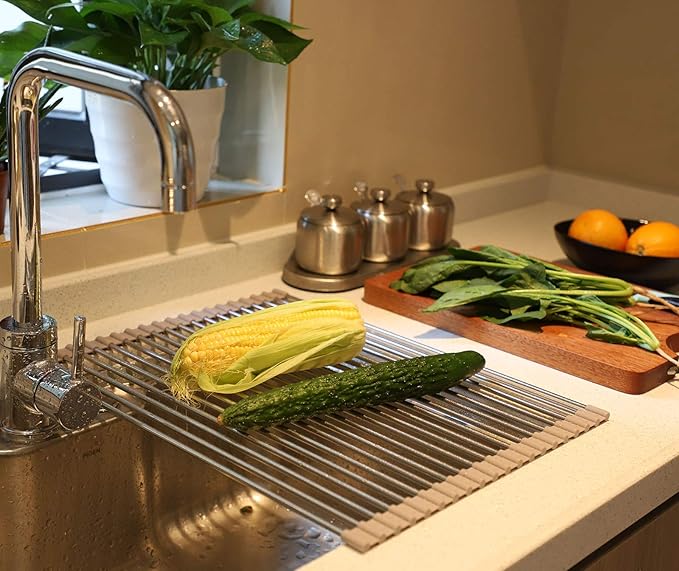 Roll up Dish Drying Rack Over The Sink Portable Stainless Still Rolling Rack Folding Mat for Kitchen Counter (Grey, 17.7''LX13.7''W)