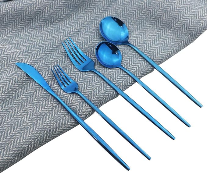 JASHII Shiny Blue Silverware Set, 20-Piece Stainless Steel Satin Finish Flatware, Kitchen Utensils, Mirror Polished Tableware Cutlery for Home and Restaurant, Dishwasher Safe