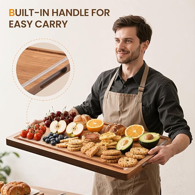 Acacia Wood Cutting Board for Kitchen,24x18x1.2 Inch Wooden Charcuterie Board with Deep Juice Groove & Handle, Extra Large Heavy Duty Butcher Block for Meat, Cheese, Vegetables, Fruits