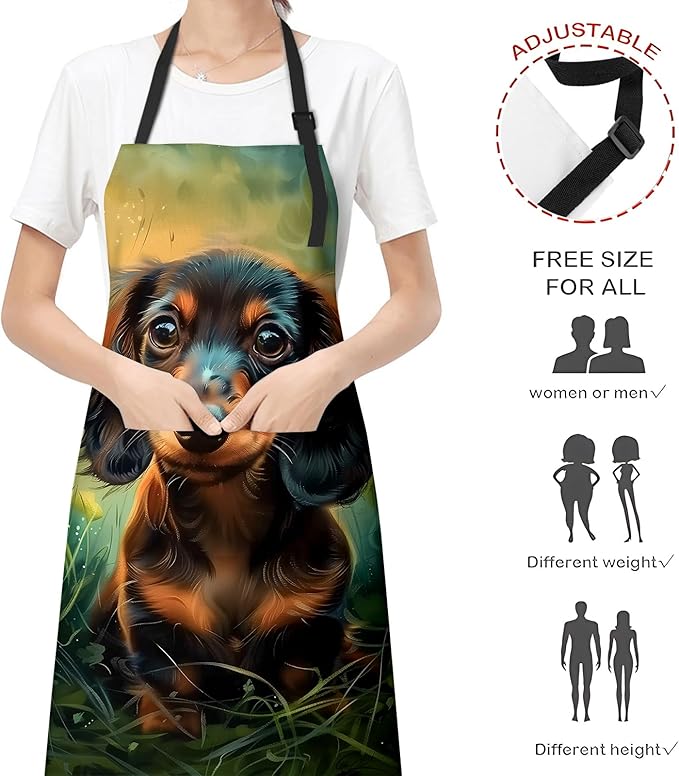 Lovely Dachshund Apron for Women Men, Cooking BBQ Chef Polyester Lightweight Adorable Puppy Aprons with Pockets for Baking Kitchen Gardening Cleaning, Adjustable Neck Strap, 28×33inch