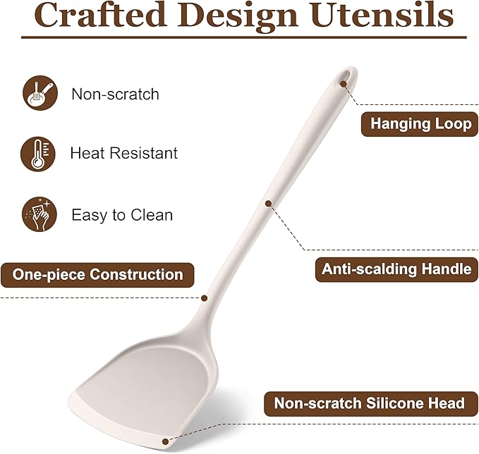 LIANYU 8Pcs Kitchen Cooking Utensils Set, Silicone Cooking Utensil Set, Heat Resistant Kitchen Tools for Nonstick Cookware, Includes Silicone Spatula, Spoon, Ladle, Turner, Dishwasher Safe, Khaki